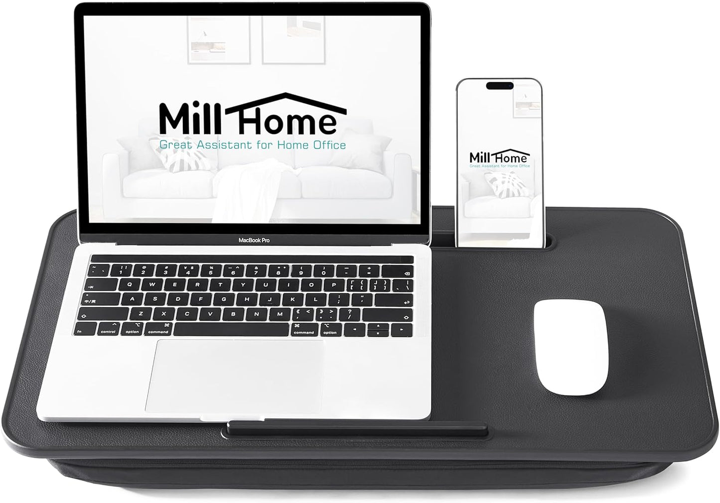 Lap Desk, Lap Desk with Cushion, Fits up to 17 inch Laptop, Pillow Designed, Portable Laptop Stand with Tray, Pad & Phone Holder, Home Office for Bed/Couch/Car/Reading/Writing,MillHome (Black)