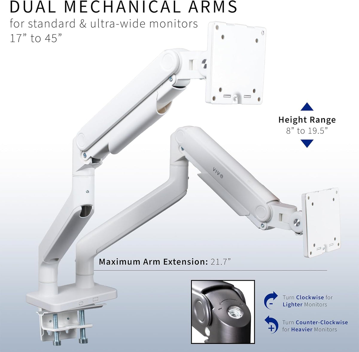 VIVO Heavy Duty Dual Ultra-Wide Monitor Tension Arm for up to 45 inch Screens, Holds 44 lbs per Arm, Premium Desk Mount Monitor Stand for 2 Ultrawides, White, STAND-V200DW