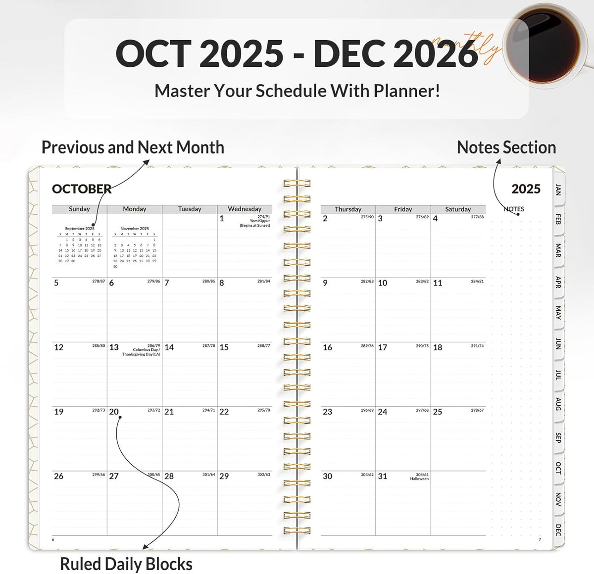 SUNEE Planner 2026 Weekly and Monthly, January 2026-December 2026, 6.4"x8.3", Tabs, Note Pages,Spiral Binding, Pink