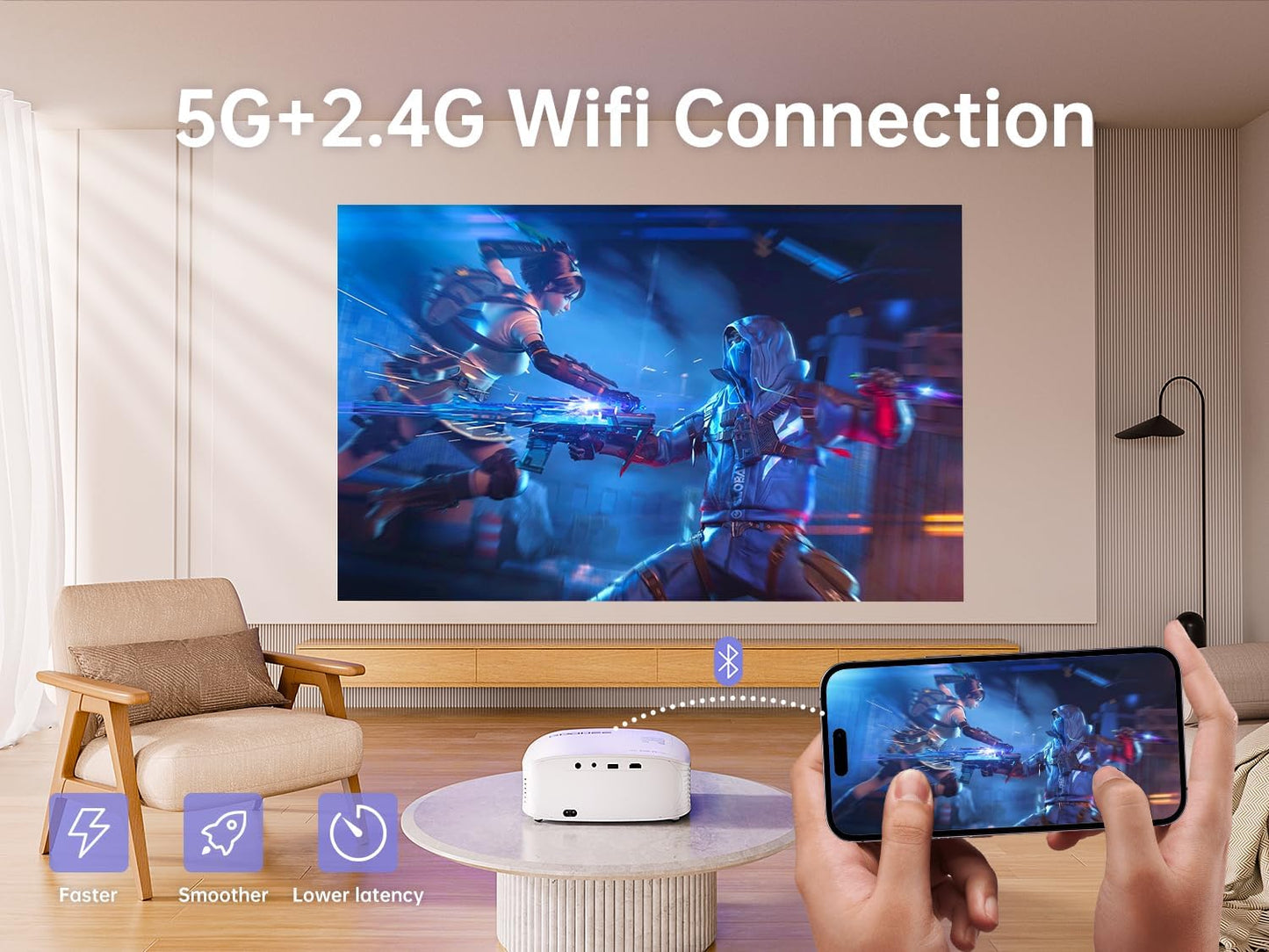 GooDee Smart 1080P Projector - Video Projector with WiFi and Bluetooth, Movie Outdoor Projector for Home Theater Dolby Audio Zoom Portable Projector TV Stick, Netflix/Amazn Prime Video Certified