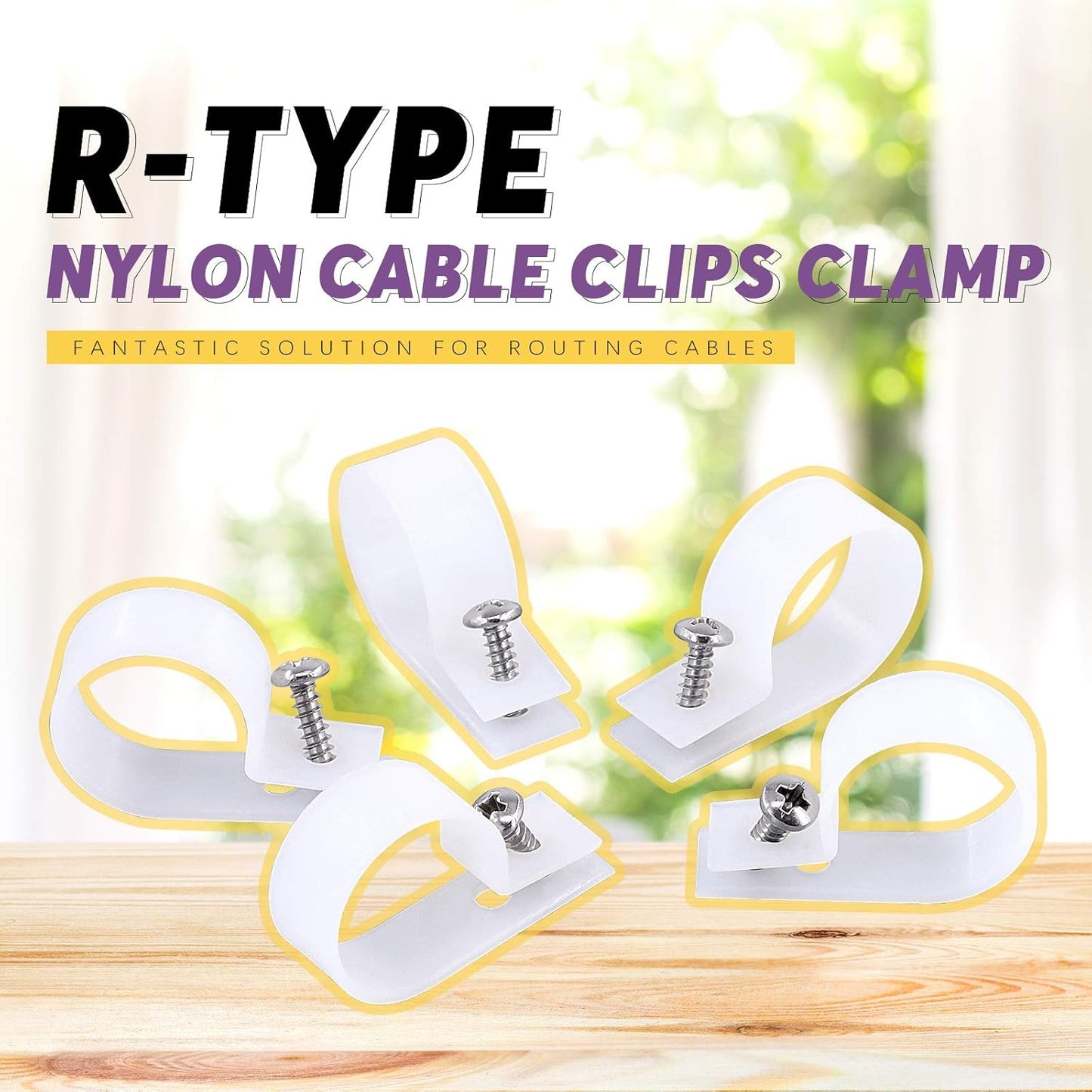 Swpeet 60 Pack White 1 Inch Nylon Plastic R-Type Cable Clips Clamp Kit, Nylon Screw Mounting Cord Fastener Clips with 60 Pack Screws for Wire Management