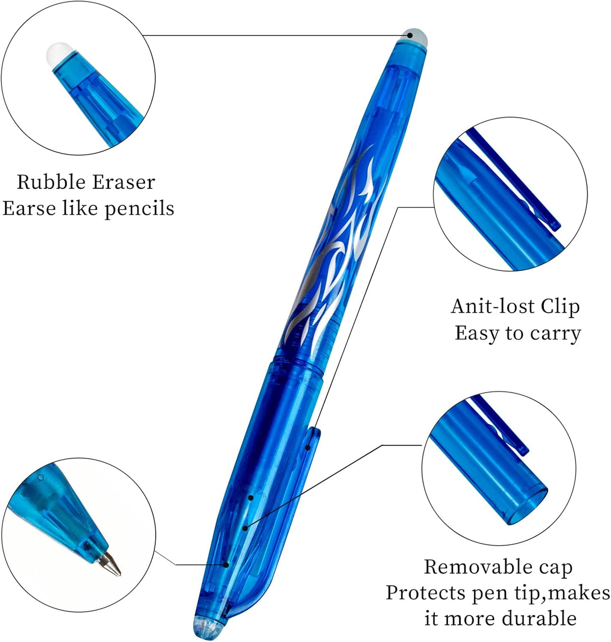 RIANCY Erasable Gel Pens Blue Pen 0.5mm Fine Point, Pack of (4 Blue pen+ 8 refills) Blue Ink Erasable Pens for smooth writing office pens back to school supplies ink pens