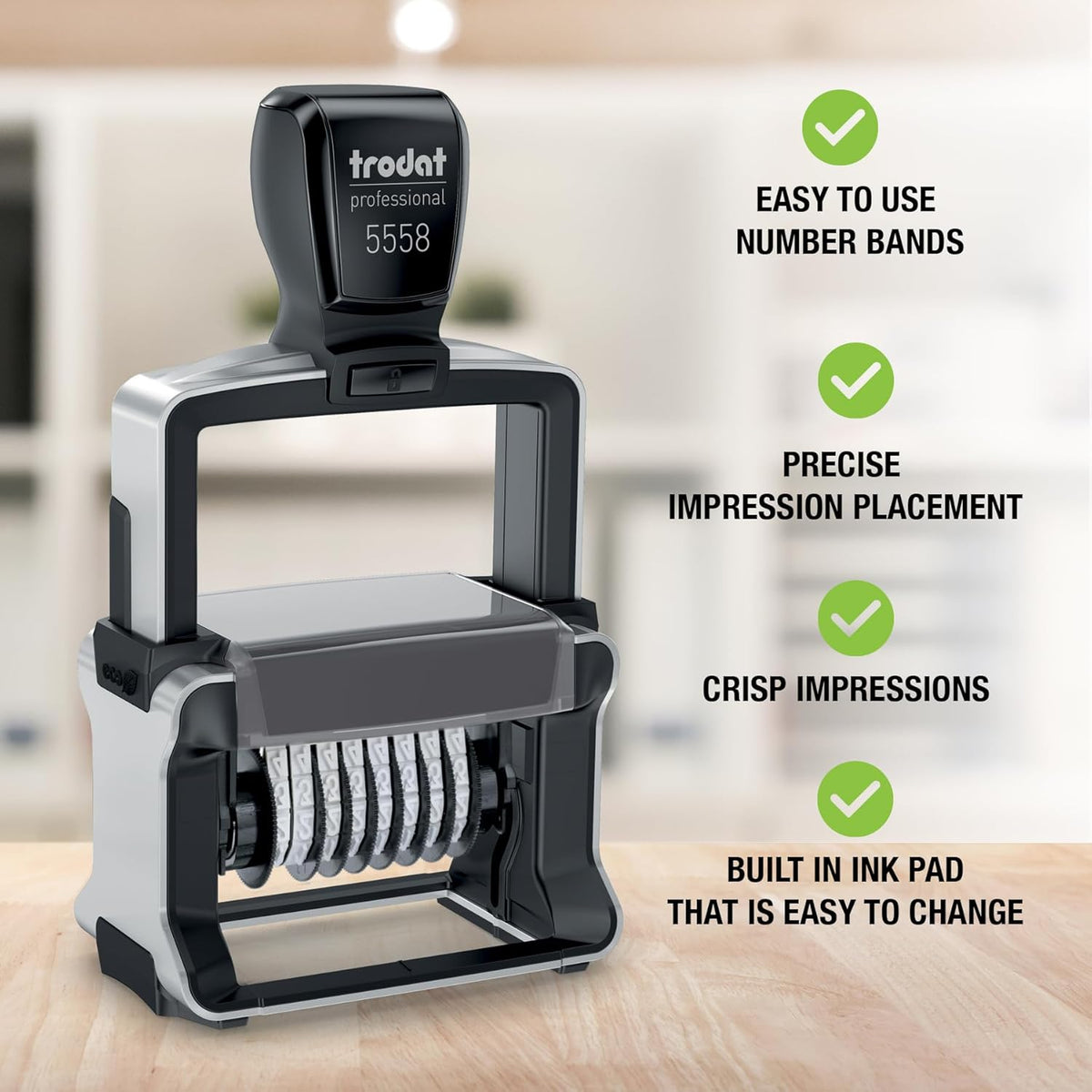 Trodat 5558 Professional Manual Numberer Stamp – 8 Digits, Self-Inking, 3/16" (5 mm) Characters, Black Ink