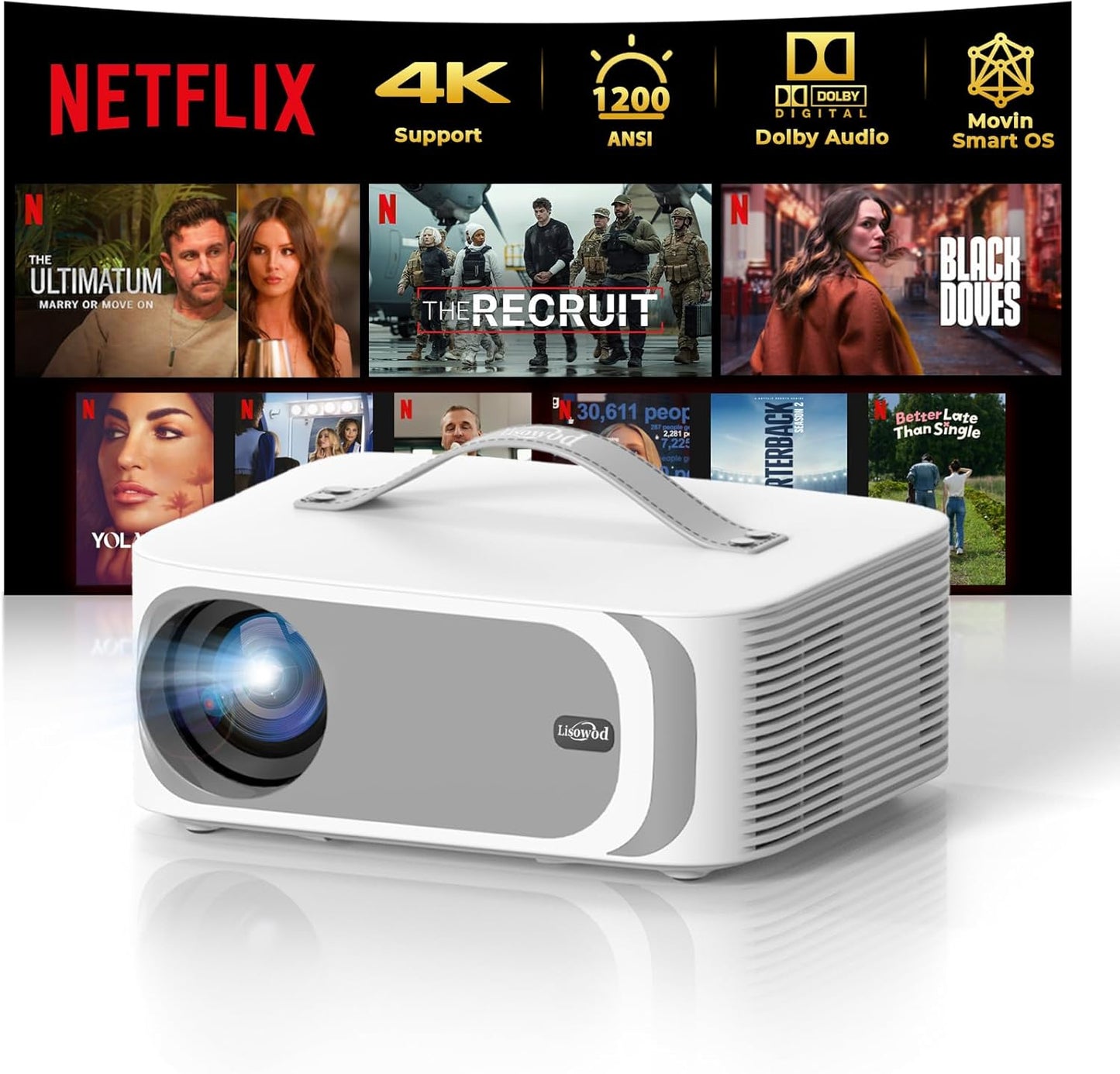 [AI Movin 2.0 System/1200 ANSI/Auto Focus] Projector with WiFi and Bluetooth, Outdoor-Projector 30W DoIby Audio APPS Built-in, Lisowod 1080P Smart Portable 4K Proyector with HDR10+ 2025 Upgraded