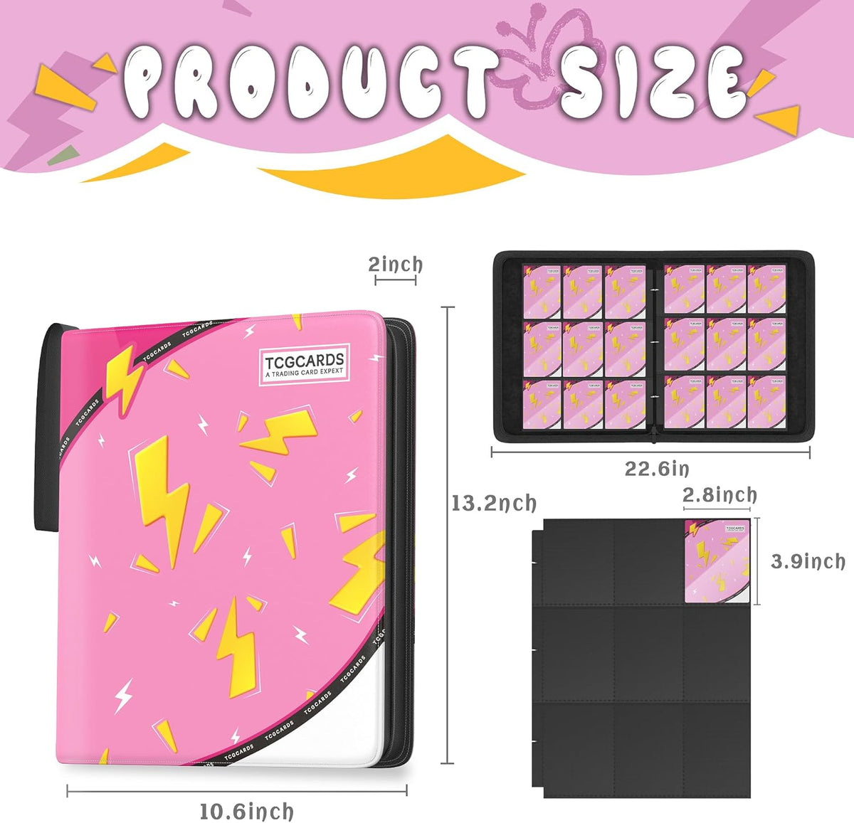 Trading Card Binder 9 Pocket，Card Binder 900 Pockets Card Book Holder Cards with 50 Removable Sleeves，3-Ring Zip Design MTG/TCG/Sport Collectible Trading Card Albums Gifts for Boys and Girls (Pink)