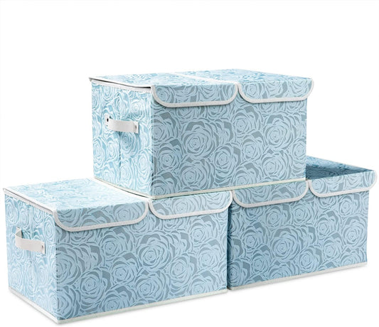 PRANDOM Large Stackable Storage Bins with Lids Fabric Decorative Storage Box Cubes Organizer Containers Baskets with Cover Handles Divider for Bedroom Closet Living Room 17.3x11.8x9.8 Inch 3 Pack