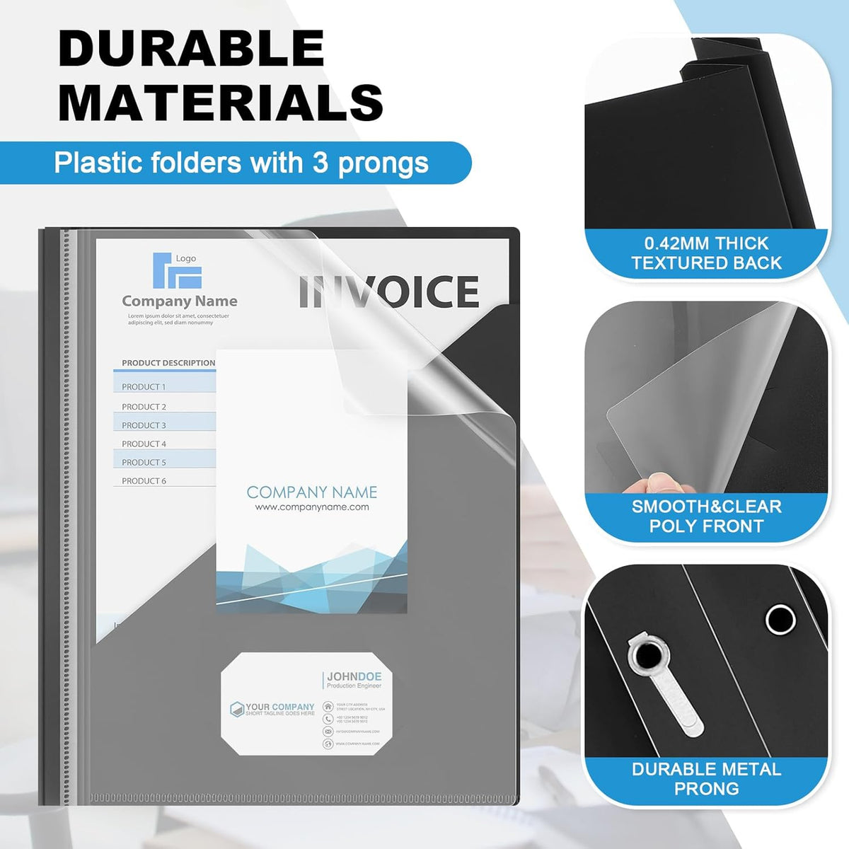 Teling 48 Pack Clear Front Report Covers with 3 Prongs Fasteners, 11.42 x 9.45 Inch Plastic Presentation Folders Bulk, 90 Sheet Capacity, Book File Covers for Office School Business, Black