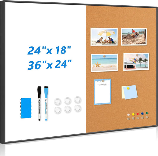 White Board Cork Board Combo, 24'' x 18'' Magnetic Dry Erase Board and Bulletin Board, Black Aluminum Frame Vision Board Message Board for Home Office School Dorm