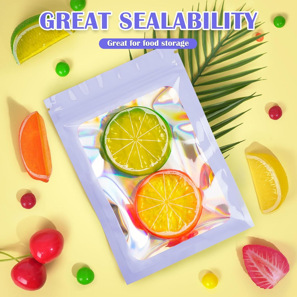 300 Pcs Mylar Bags, Smell Proof Bags Foil Pouch, Holographic Resealable Bags for Small Business, Candy Sample Jewelry Bag Sealable Packaging for Party Favor Food Storage (5.5x7.9in-Purple)