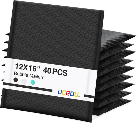 UCGOU Bubble Mailers 12x16 Inch 40 Pack Usable Size 12x15 Inch Large Padded Envelopes Black Waterproof Packaging Bags for Shipping Self Seal Strong Adhesion Envelopes for Jewelry Makeup Supplies