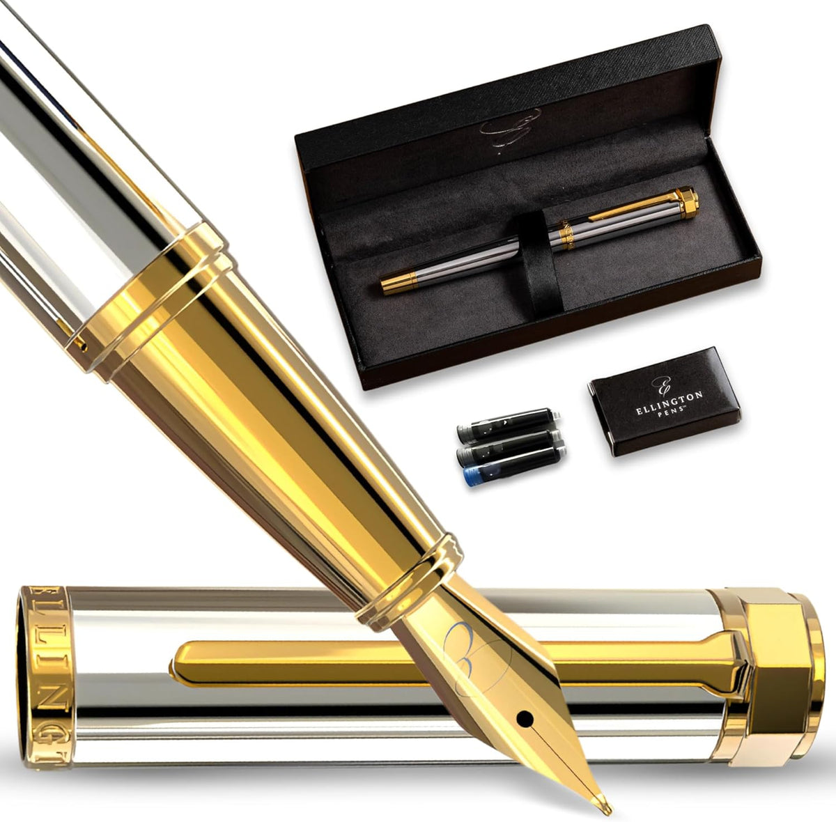Luxury Fountain Pen Set- Fountain Pens for Writing - Smooth Fine Nib - Includes Refillable Ink Converter, 3 Ink Cartridges [Black & Blue], Gift Box - Elegant Calligraphy
