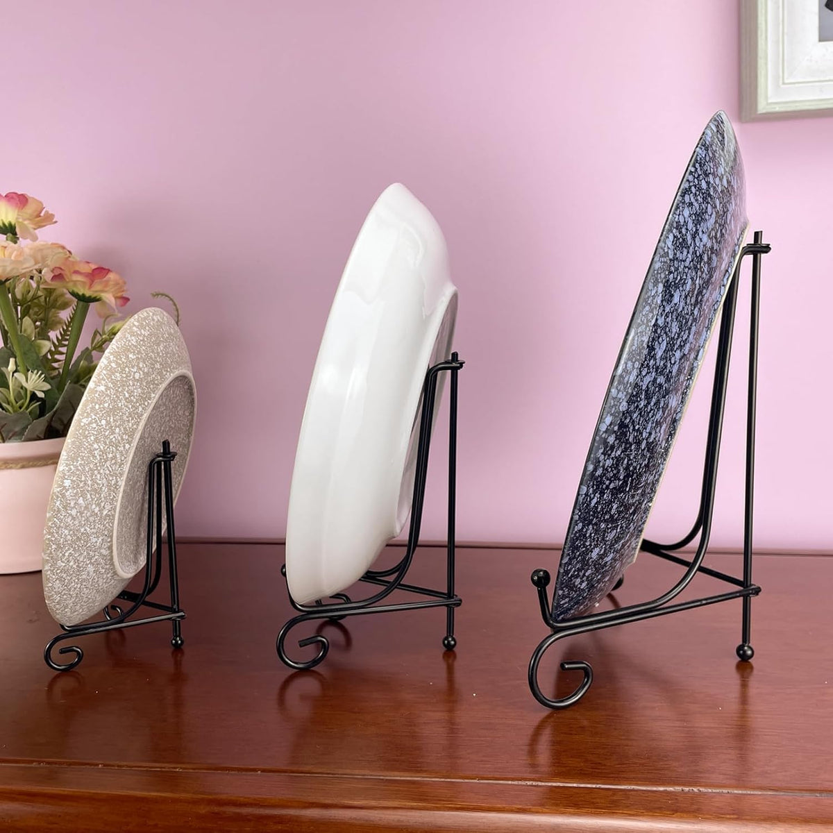 6PCS 3 Size Black Iron Plate Stands for Display - 4, 6, 8 Inch Decorative Metal Plate Holders - Mini Easel, Frame, Book, Card, Plaque, Bowl, Picture Display Stands