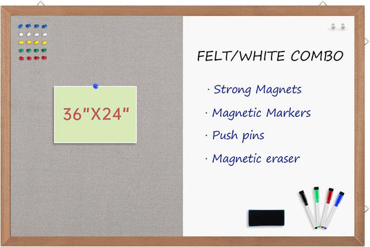 Grey Felt Bulletin/Dry Erase White Combo Board, 36" X 24“ Combination Whiteboard/Bulletin Board, Pin Board with Natural Wood Frame…