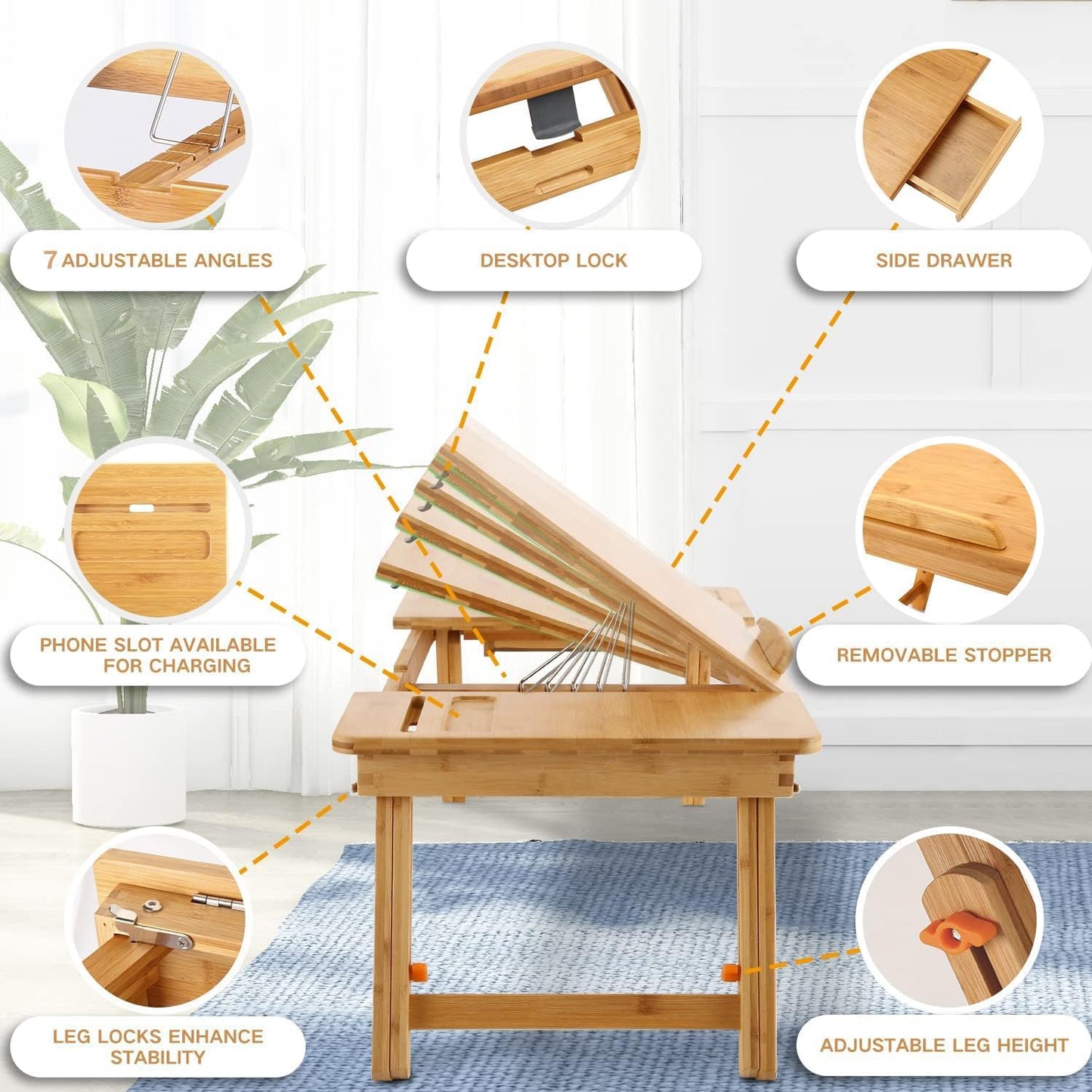 Laptop Desk Nnewvante Bamboo Laptop Table Adjustable Lap Tray Bed Serving Tray Breakfast Table Foldable Coffee Tea Table 7 Tilting Top Angles 4 Latches Large Size 27.95" x 13.8"