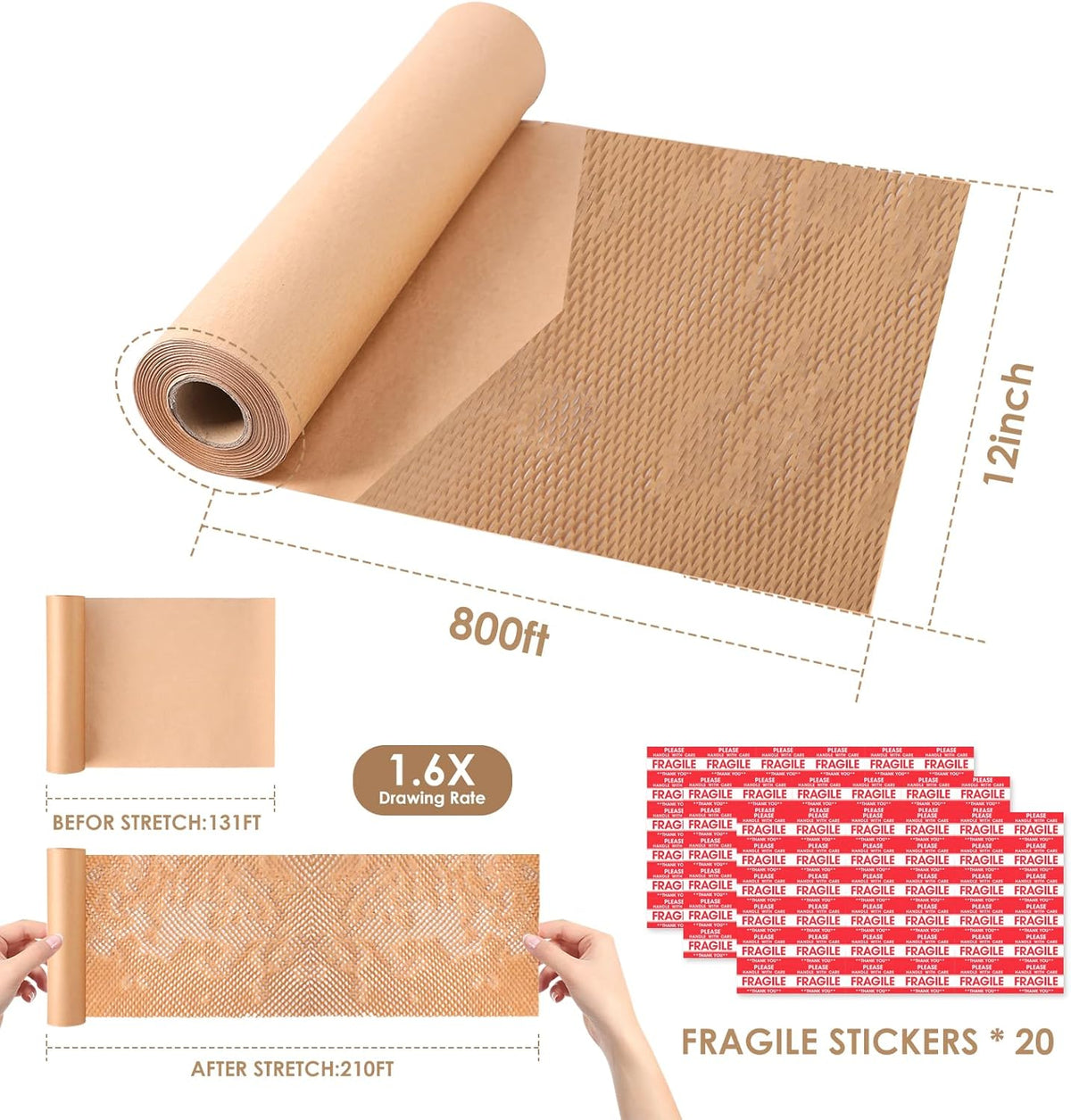 Honeycomb Packing Paper 12"Wx800'L-Bubble Wrap Substitute Alternative for Shipping, Moving Supplies, Small Business Packaging, Packing Boxes & Gifts Wrapping Paper with 20 Fragile Stickers