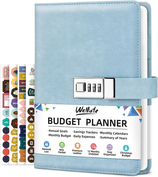 WEMATE Budget Planner 2025 with Lock, Monthly Budget Book with Expense Tracker Notebook, Undated Financial Planner to Manage Your Money, A5 Leather Account & Budget Book, Blue