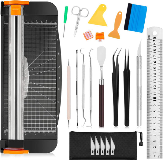 Famomatk 23PCS Weeding Tools for Vinyl, Craft Weeding Tools Set with 12Inch Paper Cutter and Trimmer for Scrapbooking,Silhouettes,Cameos,Lettering,Cutting,Craft Paper, Labels and Cardstock(Black)