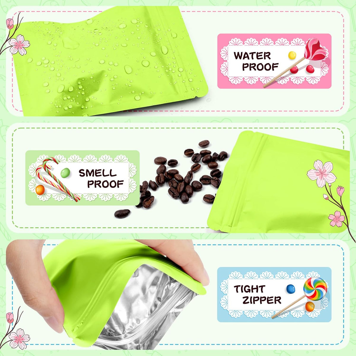 Funfery 100 Pack Green Mylar Packaging Bags Resealable Bags Double Sided Color Odor Proof Pouch Baggies Smell Proof Foil Bag for Food Storage,Small Business(Green,2.4x3.9inch)