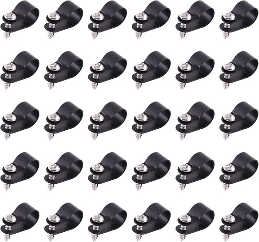 Swpeet 60 Pack Black 1/2 Inch Nylon Plastic R-Type Cable Clips Clamp Kit, Nylon Screw Mounting Cord Fastener Clips with 60 Pack Screws for Wire Management