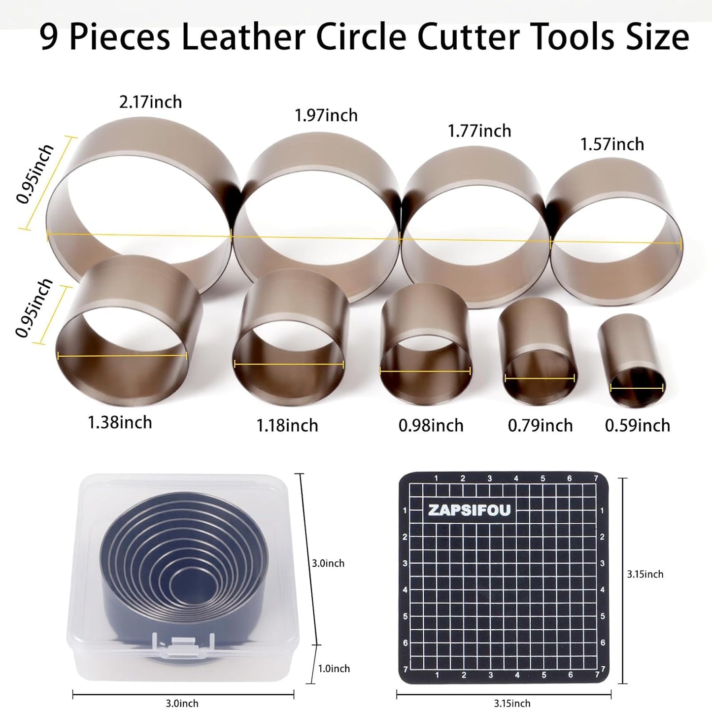 9 Pieces Leather Circle Cutter Tool Set, Hole Punch Tools with 15 20 25 30 35 40 45 50 55mm, High Carbon Steel Round Cutting Dies, Hole Punch Tool Kit for DIY Leather Crafts