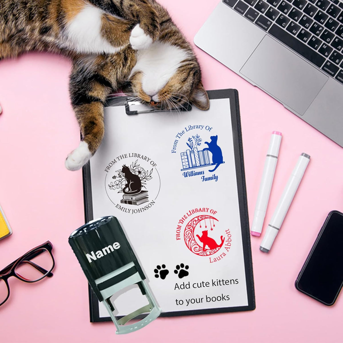 Personalized Book Embosser Stamp with Handle Set, Custom Self-Inking Library Stamp with Name & Design, Elegant Invitation Seal from Library Stamp Kit, Birthday, Book Lover Gifts (Cutty Cats)