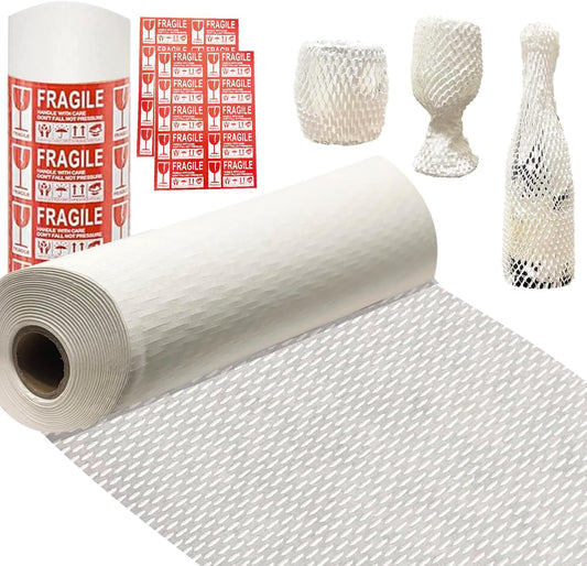 Honeycomb Packing Paper White, 15"x230' Eco Friendly Packing Materials for Shipping Breakable Recyclable Moving Supplies Paper Bubble Wrap Sheets Roll with 20 Fragile Sticker Labels