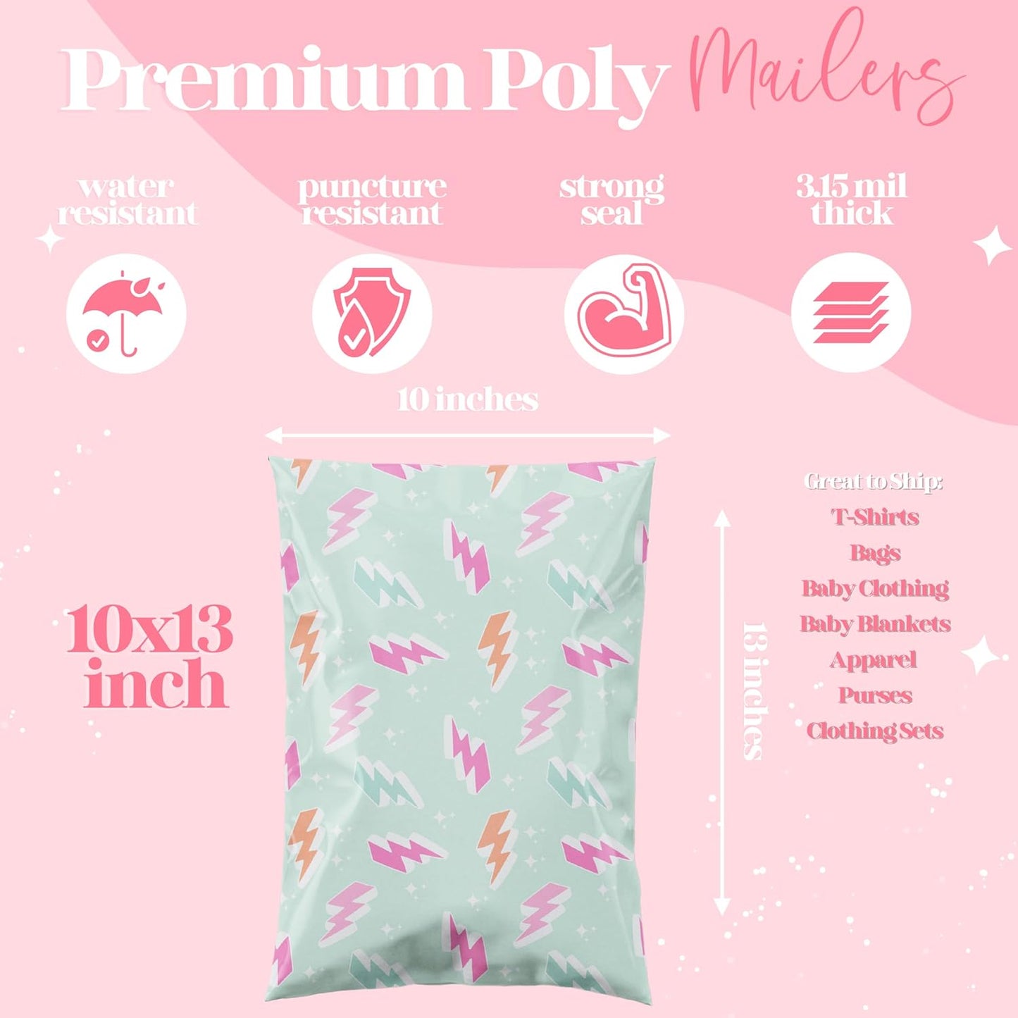 6x9 Designer Poly Mailer 100 Pack Heavy Duty Waterproof Self Seal Shipping Bags for Small Business Large Mailing Envelopes Bulk Tear Resistant Cute Packaging Lightning Bolt