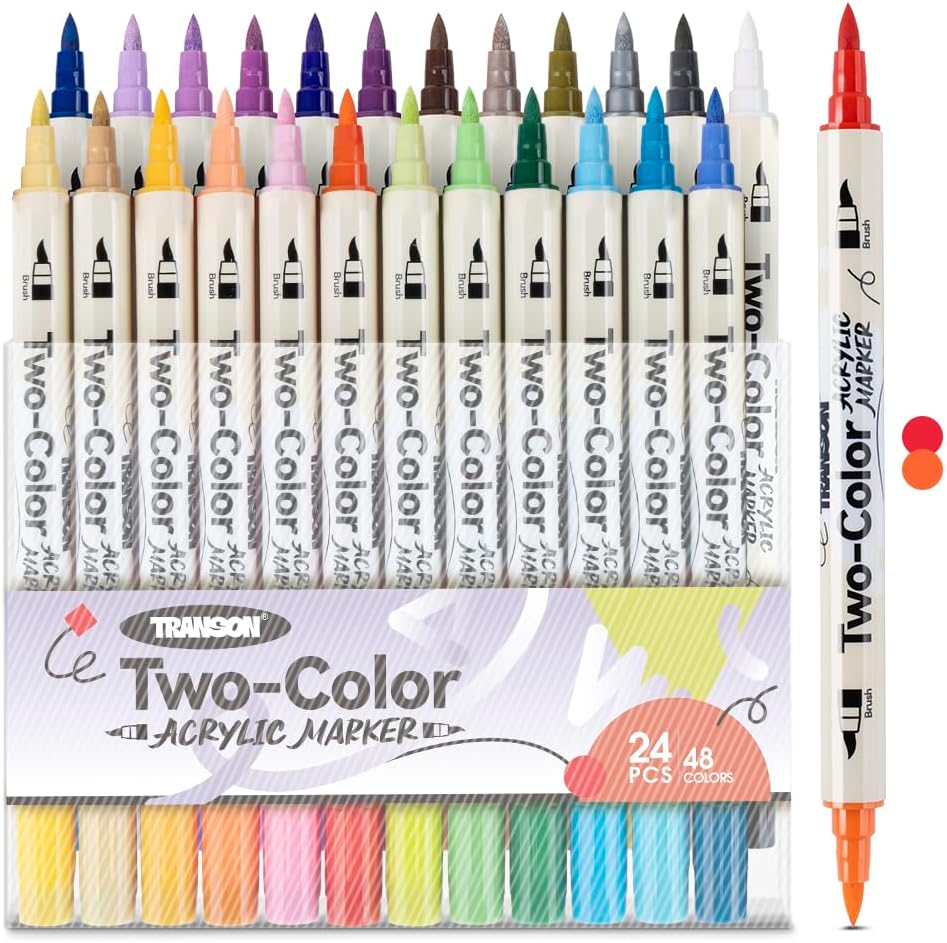 TRANSON 48 Colors Acrylic Paint Marker Set, 24 Pieces of Dual-color Acrylic Paint Pens with Brush Tips Versatile for Craft Painting, Drawing, Rock Painting, DIY, Paint on Most Surfaces