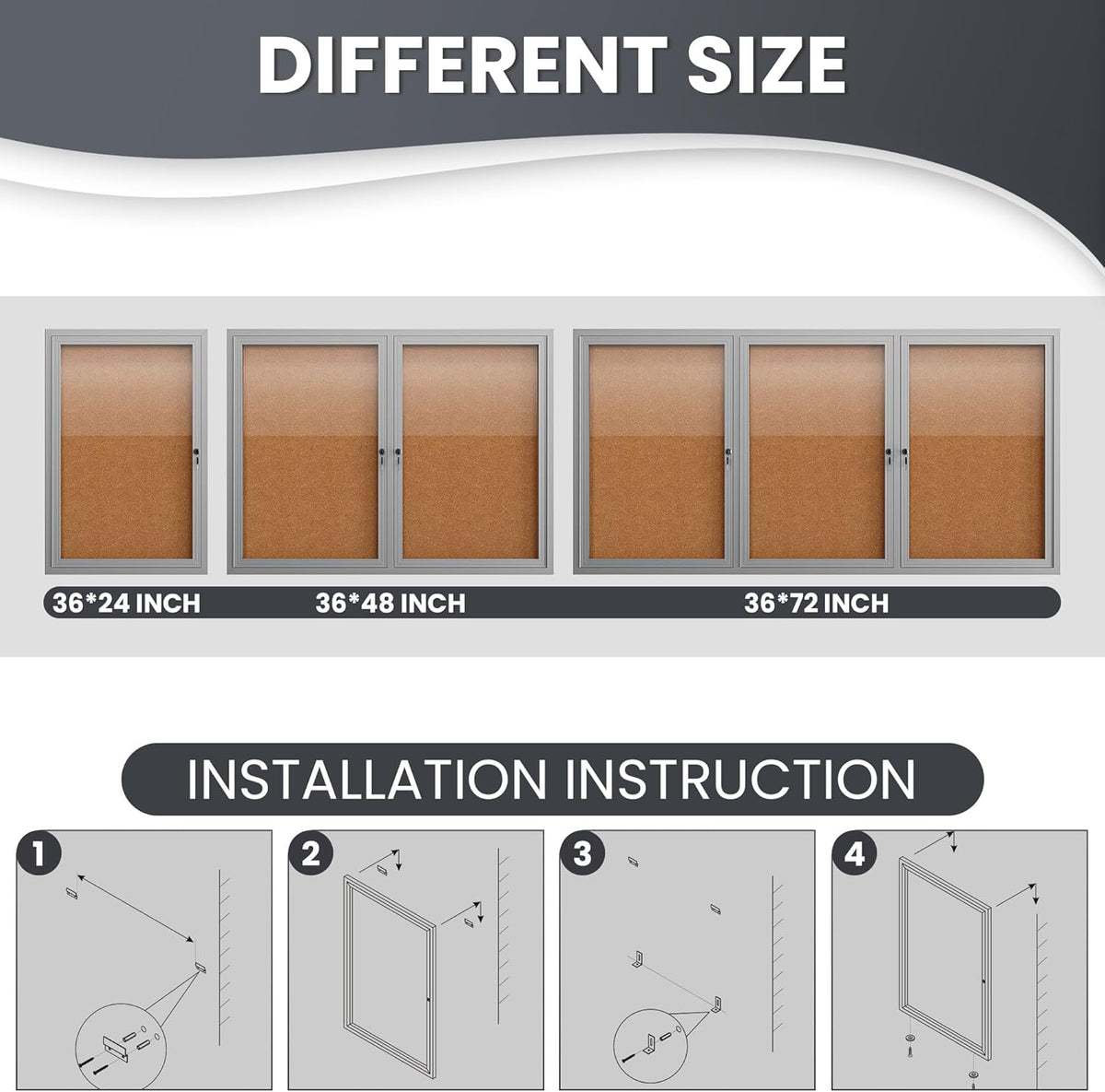 36"x24" Lockable Enclosed Bulletin Board, Outdoor Cork Weather-Resistant Aluminum Frame Notice Board, Wall Mounted Display Case Acrylic Doors for School,Office,Silver Frame w/Cork