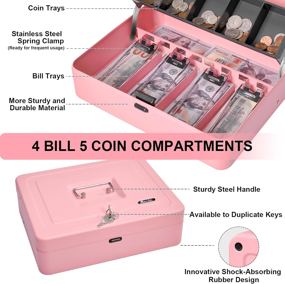 Cash Box Metal Money Box with Tray & Key Lock,Tiered Locking Cash Boxes,Durable Lock Safe Box with Key,4 Bill 5 Coin Slots,Cantilever Design,Large (Large, Top-Key Pink)