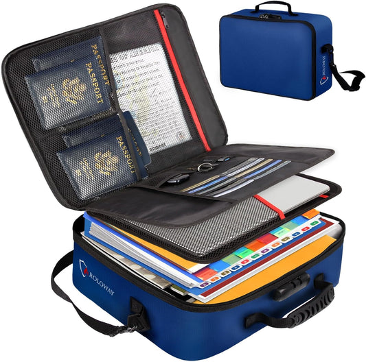 ROLOWAY Fireproof Document Bag with Lock (17 x 11.8 x 5 inch), Important Document Storage Bag with Multi-Layer File Organizers (Blue)