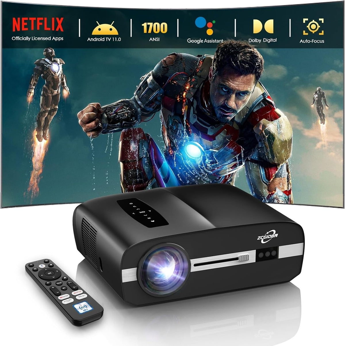1700ANSI Daytime Projector 4K HDR Home Theater, Smart Daylight Movie Gaming TV Projectors with WiFi 6, Bluetooth, NETFLIX, Apps, ToF Auto Focus, Shorter Throw, HDMI ARC,for Bedroom Indoor Bright Room
