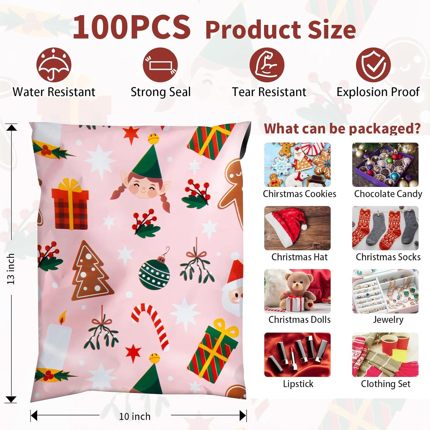 Oududianzi Christmas Poly Mailers 10x13, 100Pack Christmas Shipping Bags, Christmas Mailing Bags, Christmas Mailers Poly Bags for Shipping, Holiday Poly mailers 10x13, Christmas Packaging Bags