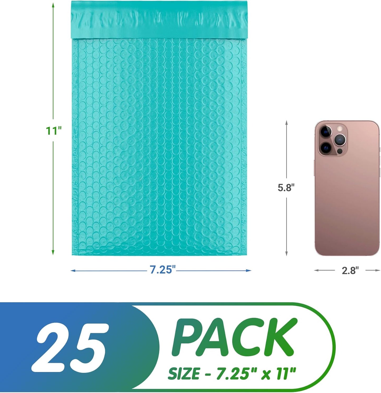 Teal Poly Bubble Mailers Self Seal, 7.25 x 11 Inch. Pack of 25 Bubble Packaging Envelopes for Shipping. Durable Padded Envelopes Waterproof. Self Seal Padded Mailers. Shipping Packages