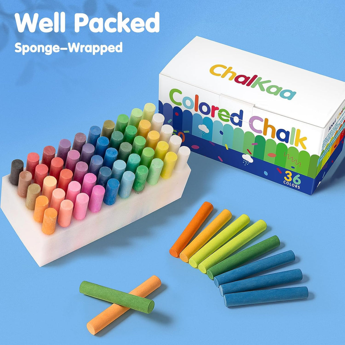 Colored Chalk 36 Colors 50 PCS | Non-Toxic Toddler Chalkboard Chalk for Teachers and Kids | Sponge-Wrapped Creative Drawing & Writing Art Tool