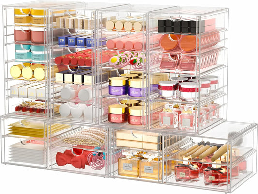Makeup Organizer Storage With 30 Drawers, 6 Pack Desktop Office Supplies, Desk Organizers, Clear Desk Accessories, Dustproof Drawer Organizer and Storage for Make Up, Jewelry, Pen, Desktop Stationary