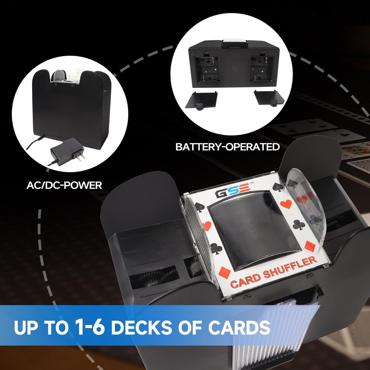 GSE Games & Sports Expert 6-Deck Automatic Card Shuffler, AC/DC-Power & Battery-Operated Electric Shuffler Machines for Playing Cards, Blackjack, Texas Hold'em, Canasta, Bridge, Rummy, UNO