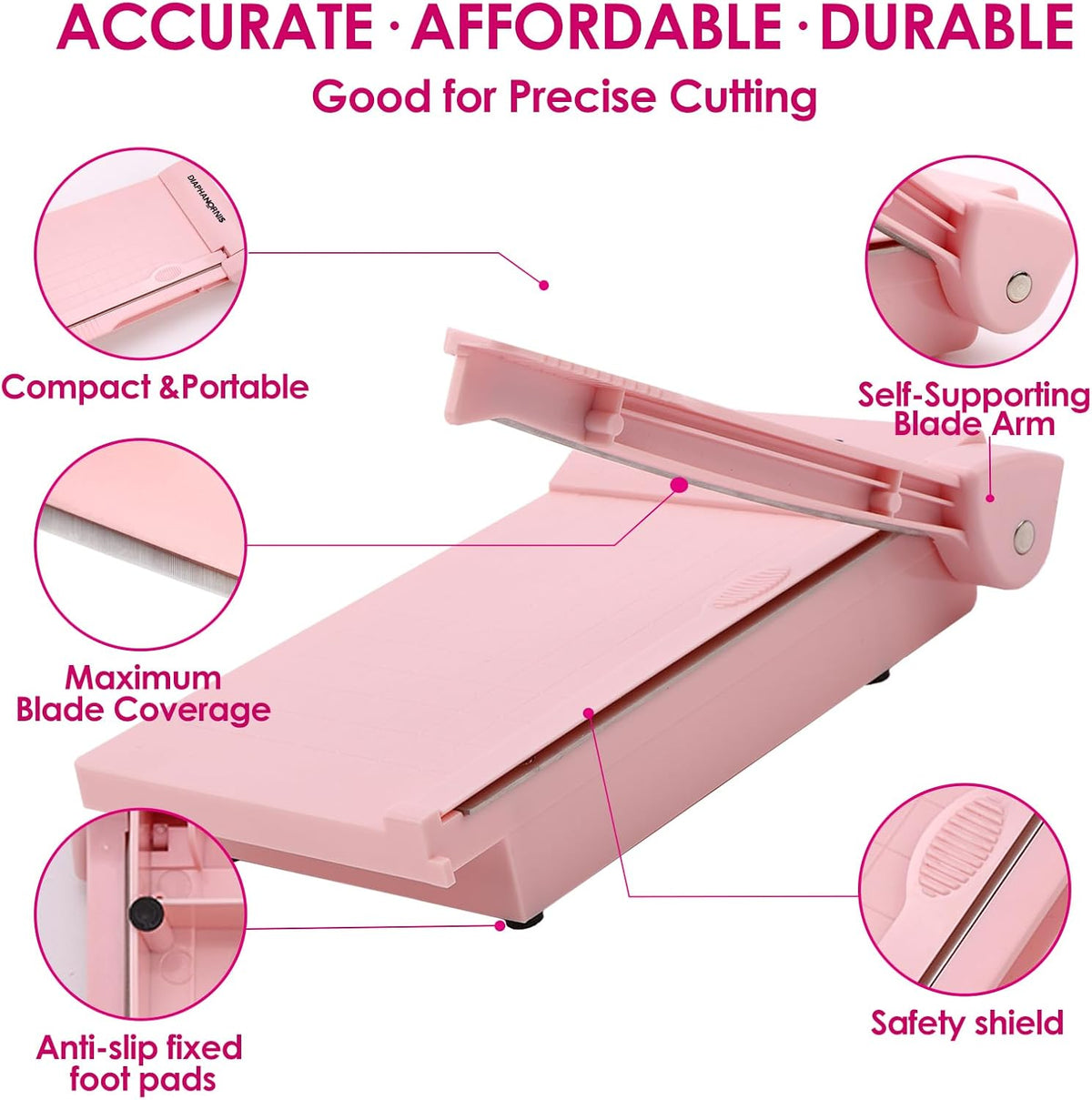 Mini Paper Trimmer, Guillotine Compact Paper Cutter, 1/4-Inch Grid for Precision Cutting, Straight Cuts Up to 3 Sheets, Perfect for Photos,Coupons,Card Making and Small Craft Projects (Pink)
