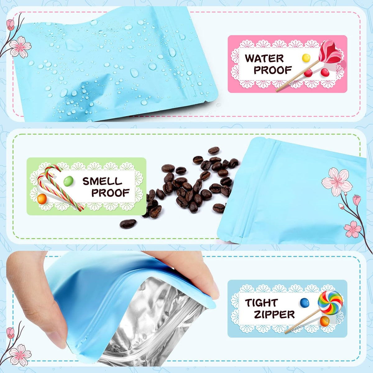 Funfery 100 Pack Blue Mylar Packaging Bags Resealable Bags Double Sided Color Odor Proof Pouch Baggies Smell Proof Foil Bag for Food Storage,Small Business(Blue,6.3x9.4inch)