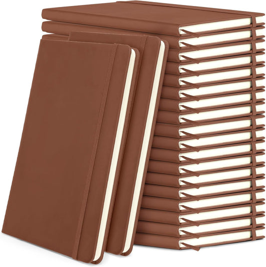 Honoson 20 Pack Lined Journal Notebooks A5 Hardcover Executive Notebook 5.5" x 8.3" PU Leather Wide Ruled Journals Bulk with Elastic Band for Home Business Office School Supplies(Brown)