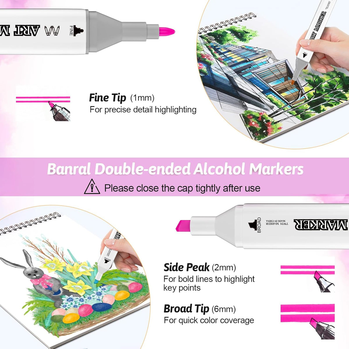 Banral 130 Colors Dual Tip Alcohol Based Markers, Twin Sketch Art Marker Set Pens for Artists Kids Adult Coloring Drawing Sketching Card Making Illustration, Premium Brush Markers with Case