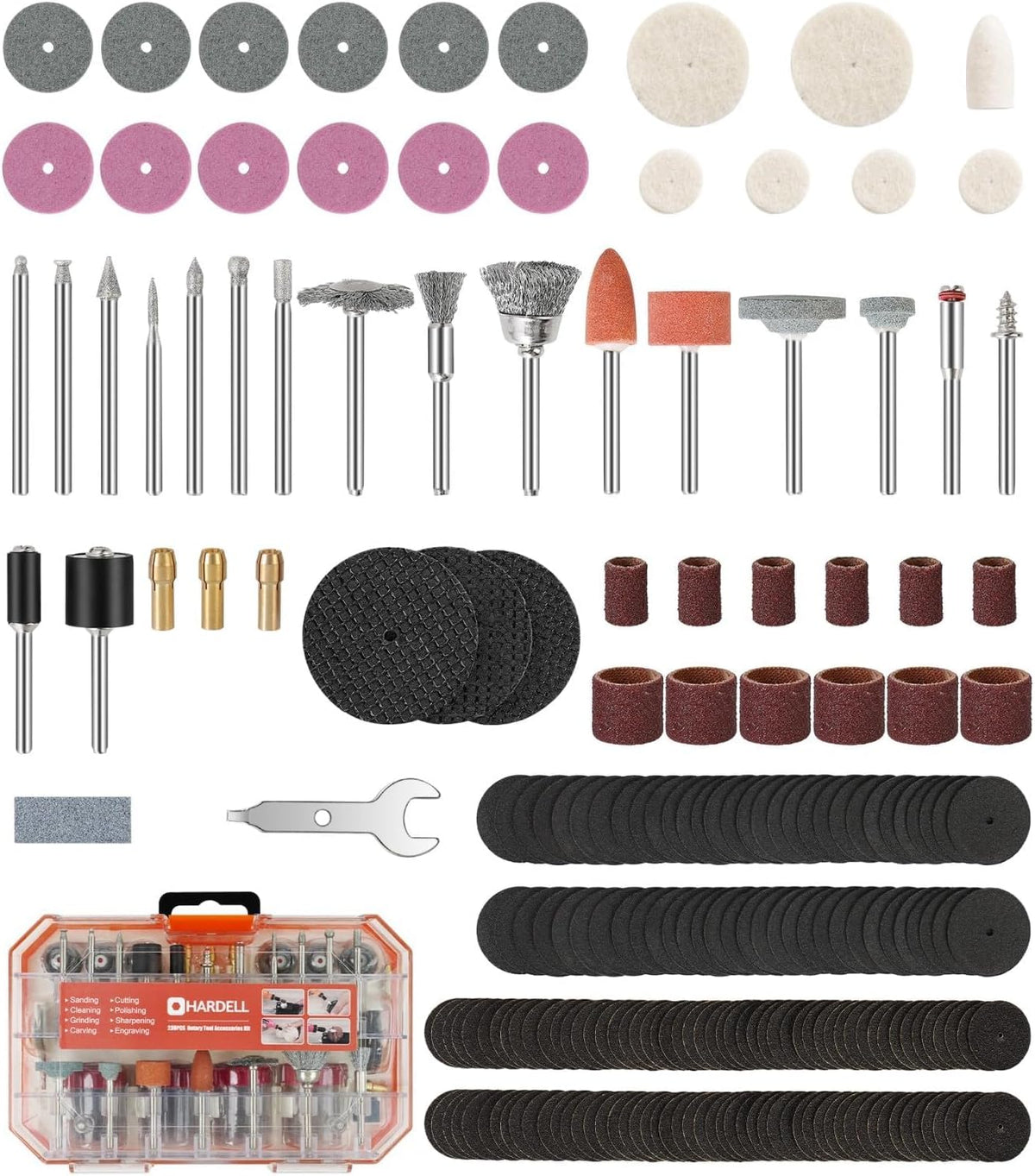 HARDELL Rotary Tool Accessories, 227pcs Power Rotary Tool Accessories Kit, 1/8"(3.2mm) Diameter Shanks, Universal Fitment for Easy Cutting, Polishing, Sanding, Carving, Grinding(Orange)