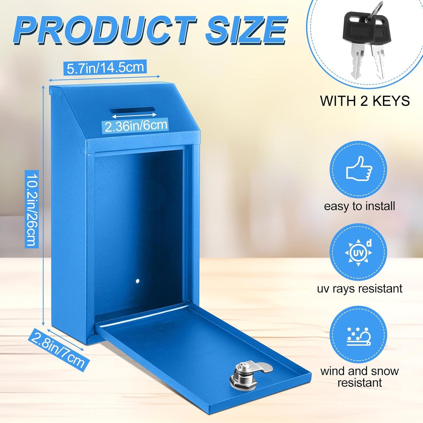 2 Pack Metal Suggestion Boxes with Lock Keys Ballot Donation Boxes with Slot for Fundraising Wall Mounted Mailbox Delivery Container for Home Office Outdoor Door, 10.2x5.7x2.95in(Black, Blue)