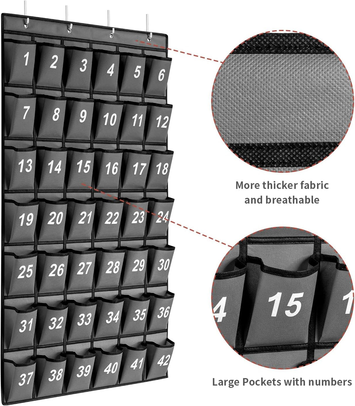 42 Pockets Numbered Classroom Pocket Chart for Cell Phones, Hanging Pocket Chart Storage for Classroom Phone Calculator Holder with 4 Hooks and 42 Clear Numbers Printing (Grey-42pockets)