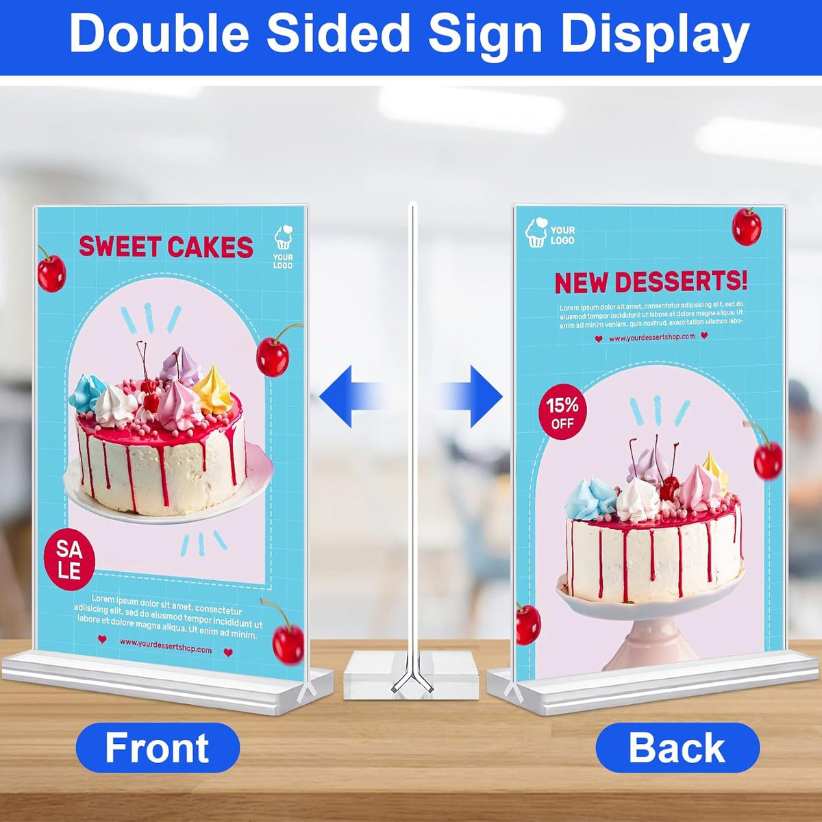 Acrylic Sign Holder 5.5x8.5 Inches 4 Pack, Double Sided Clear Display Stand Table Top Sign Paper Holder, Vertical Menu Flyer Holder, Plastic Sign Frame for Stores, Restaurants, Hotels, Office