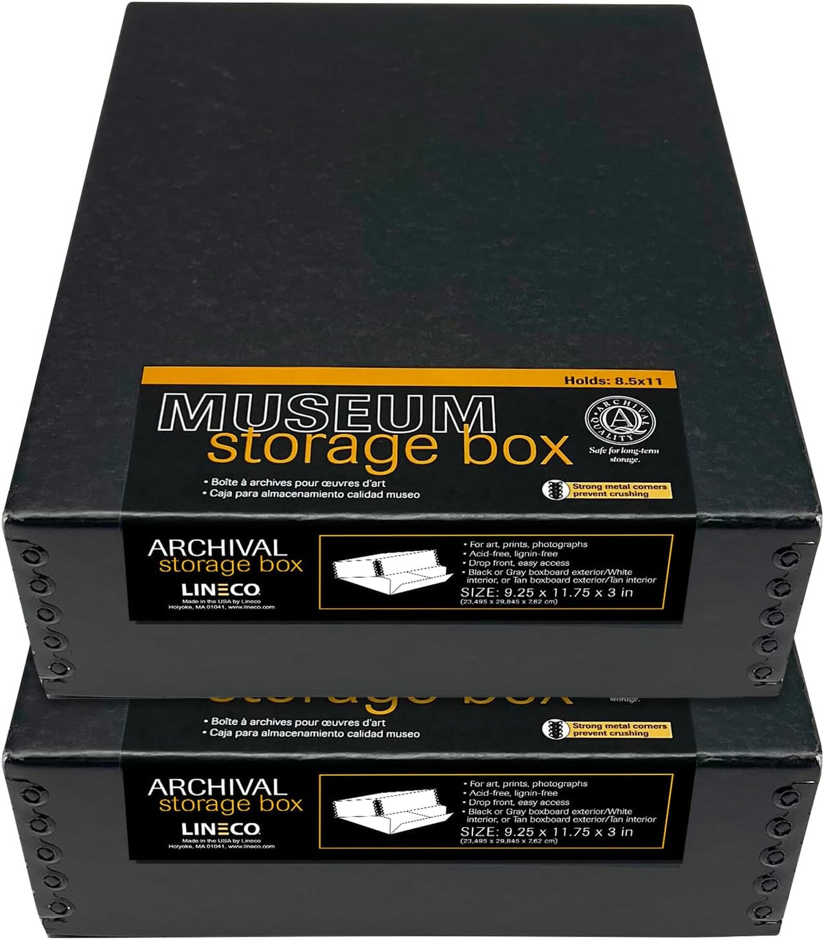 Lineco Museum Archival Storage Box, 9.25x11.75x3 in. Drop Front Design. Acid-Free with Metal Edge. Organize Photos, Pictures, Prints, Documents, Crafts, DIY. Black, 2 Pack