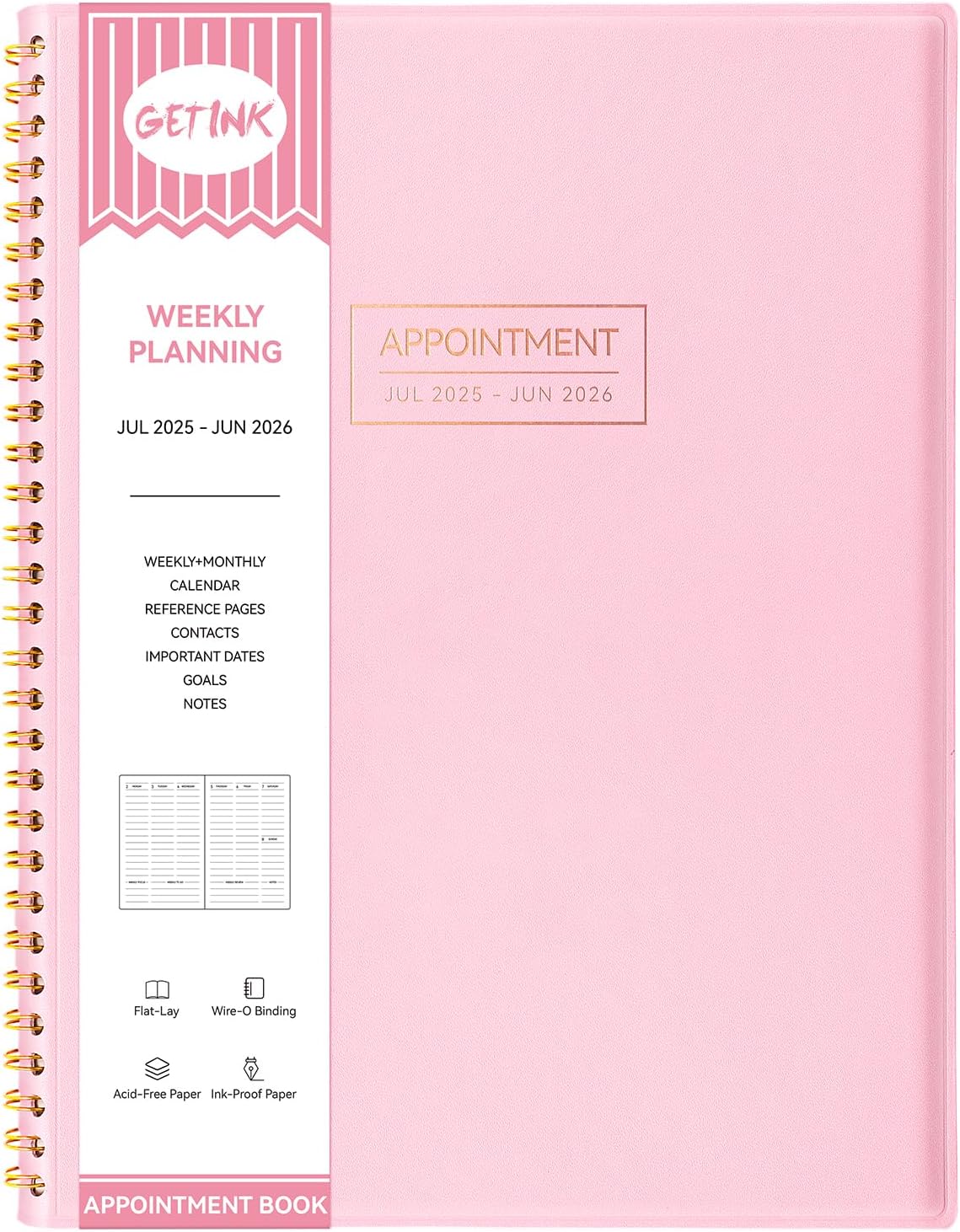 GETINK Appointment Book 2025-2026 Weekly Daily Hourly Planner 8.5"x11" Spiral Bound, Jul. 2025 - Jun. 2026, Laredule Appointment Planner 2025 with 15-Minute Increments, Flexible Cover, Pink