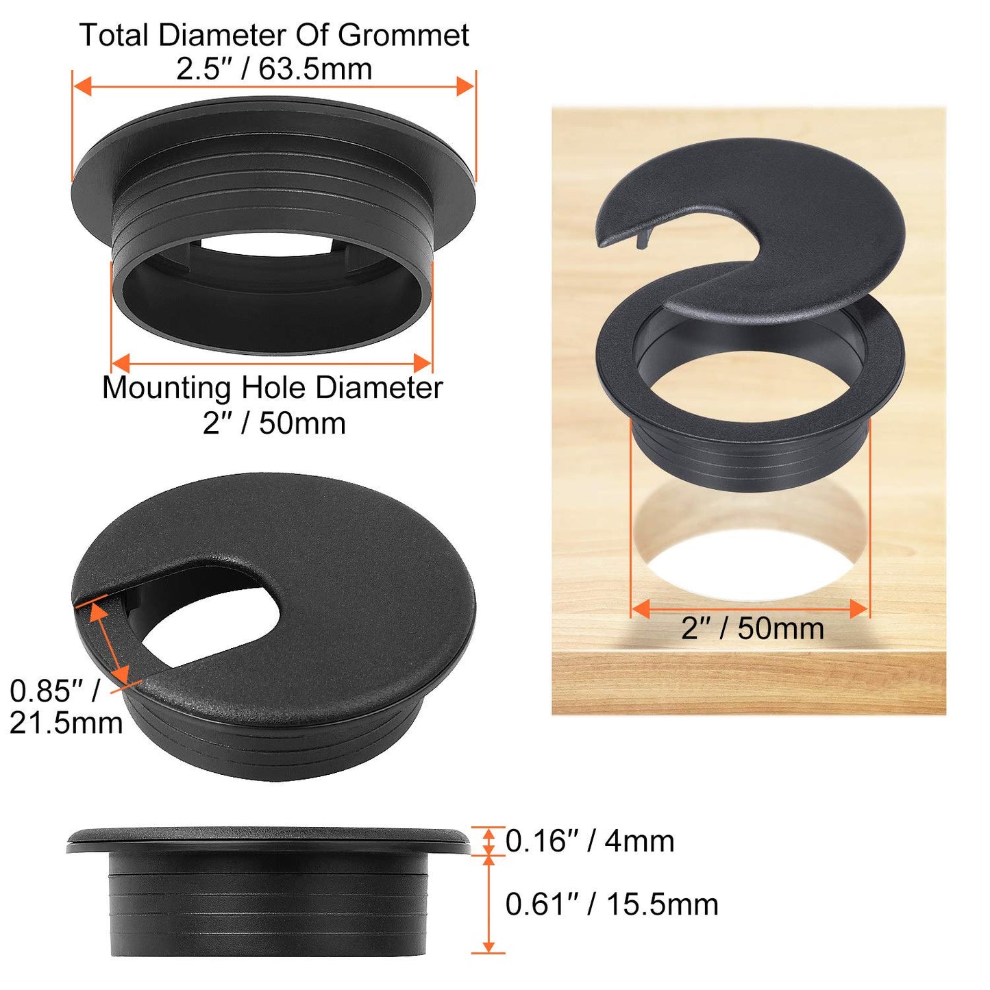2" Desk Grommet Black, 30PACK Wire Cable Hole Cover PC Computer Desk Plastic Grommet Cord, Tidy Cable Wire Grommet for Office PC Computer Desk Cord Management, (50mm Mounting Hole Diameter)