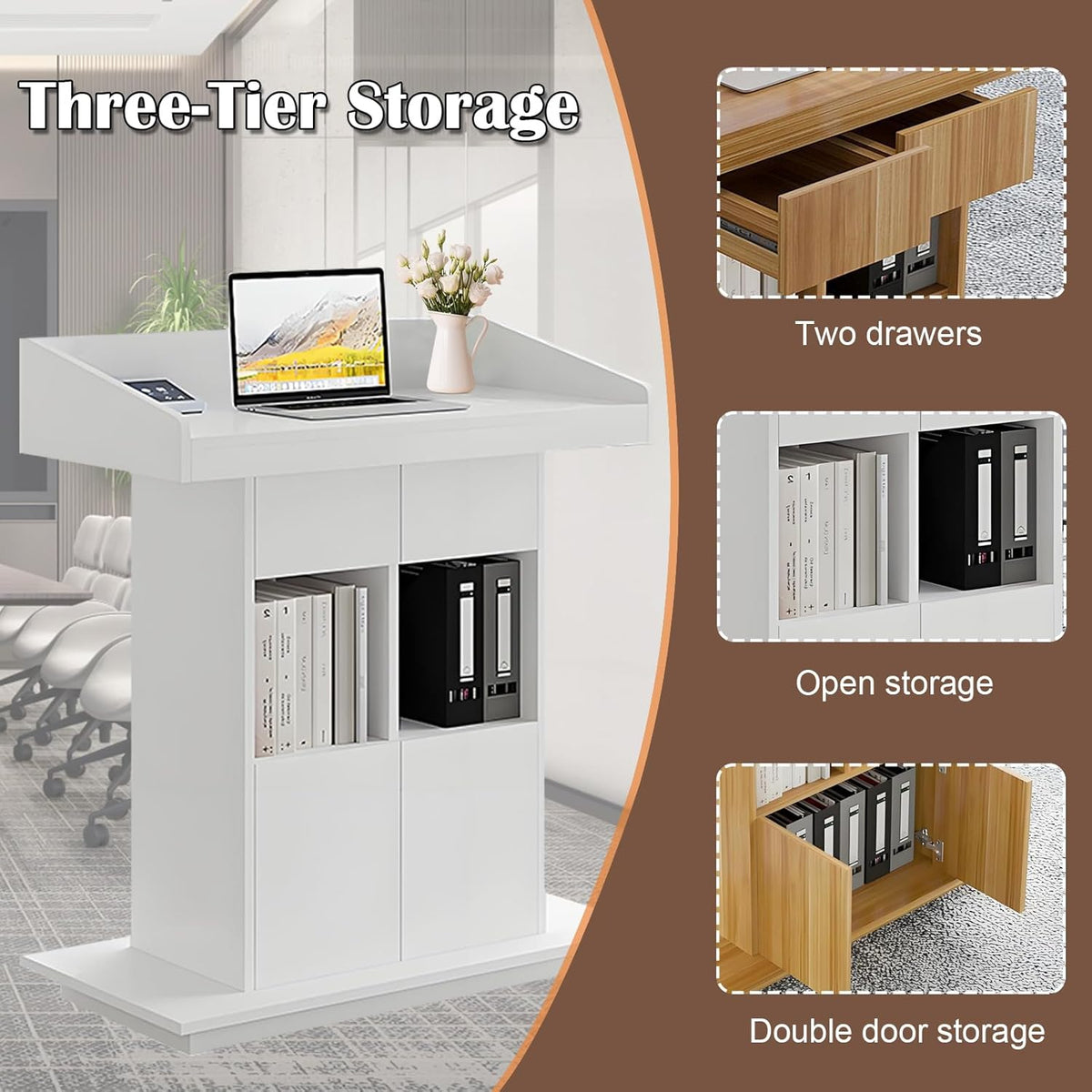 Solid Wooden Podium Stand Podiums for Classroom Lectern Podium Stand Wood Church Pulpit with 3 Levels of Storage and Heightened Baffles (White, 39.4in)
