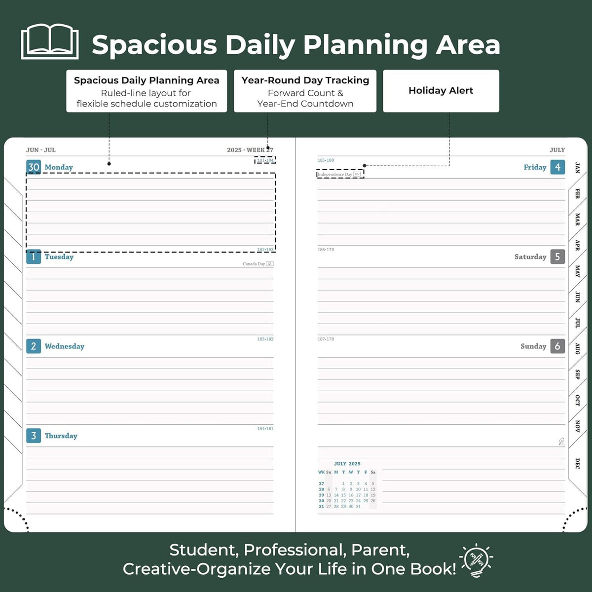 Planner 2025-2026 Daily Weekly and Monthly,8.5"x6.5",18 Months Spiral Bound Calendar Agenda with Self-adhesive Pen Holder,2026 Academic Plan with Vegan Leather Soft Cover,Green